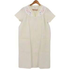 Vintage‎ Striped Seersucker Floral Embroidered House Dress Womens Cottage Size S